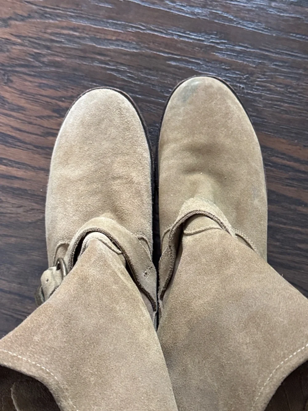Frye Tan Suede Buckle Ankle Boots, Sz 11